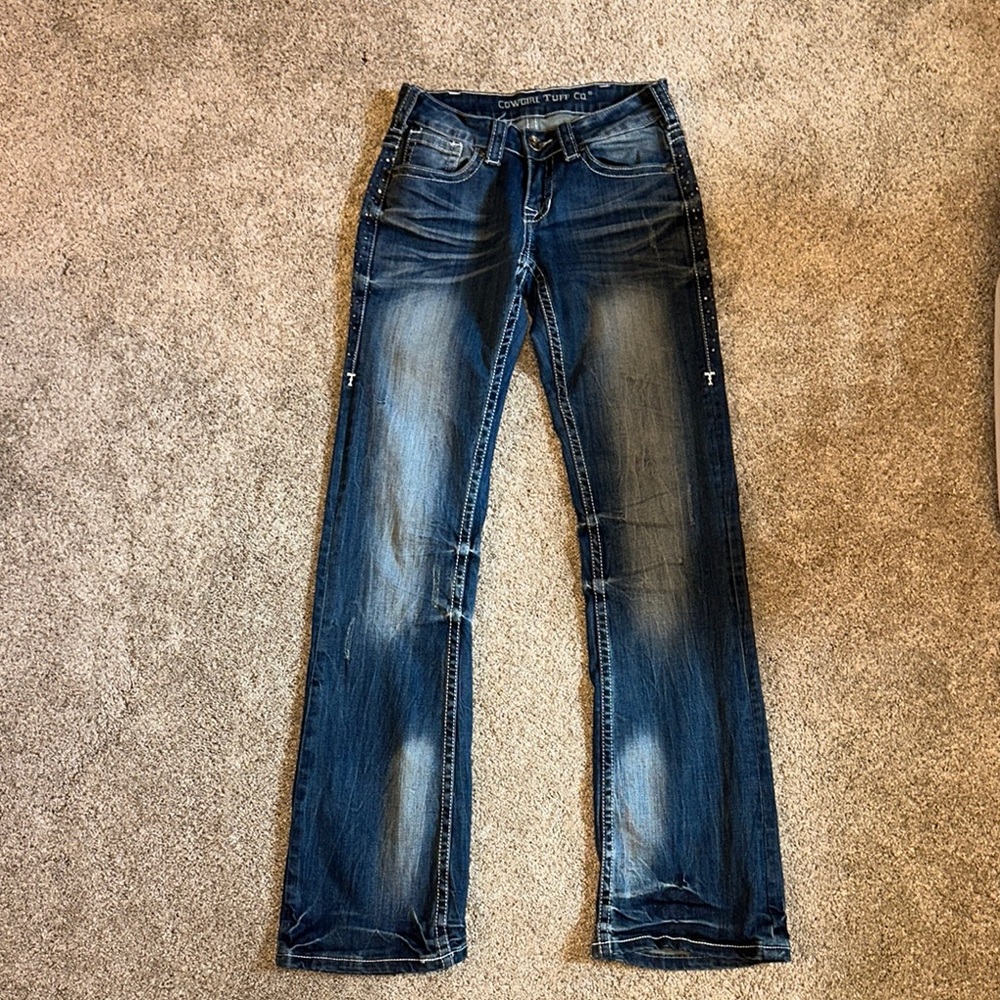 Cowgirl Tuff “Downtown” Embellised Blue Boot Cut Jeans with Vintage Fading - Picture 5 of 6